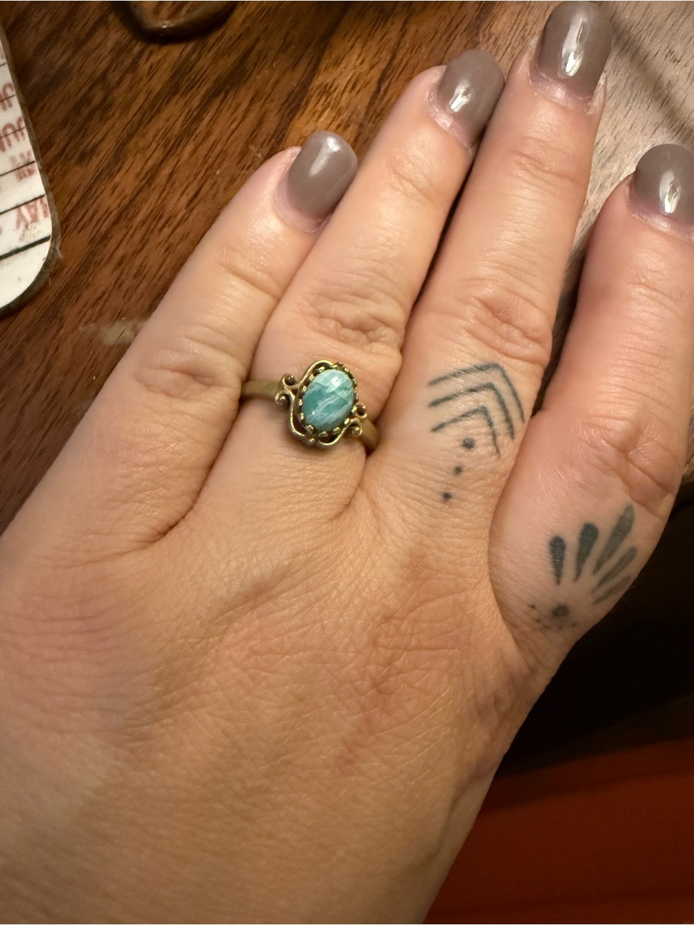 Gold-Tone Ring with Blue-Green Oval Stone - Women's Fashion Ring